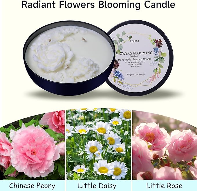 Flowers Blooming Candle Set for Women Girls, Large Tin Candle 14oz weighted with 3 Wicks, Long Lasting Scented Candle Gift Set for Home Décor Indoor Outdoor, White