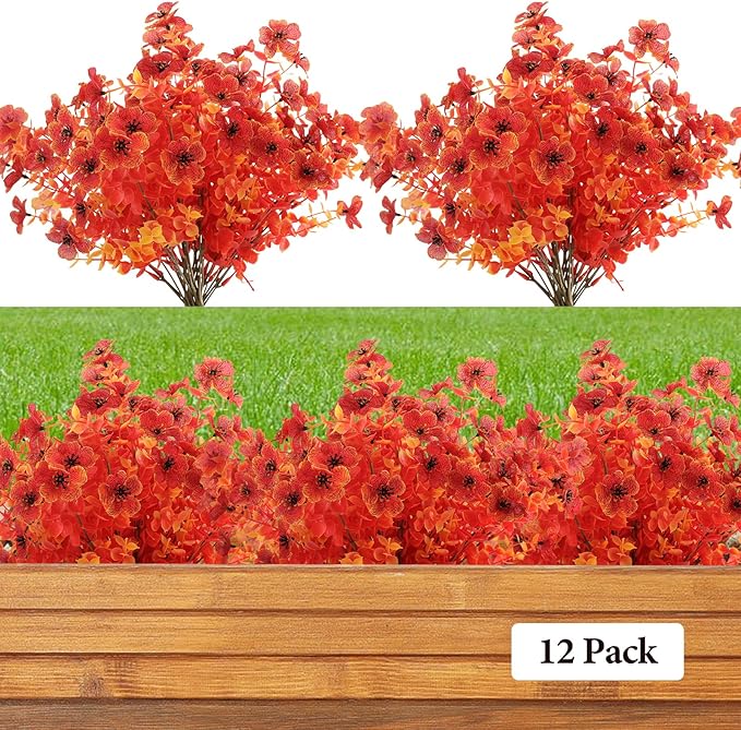 12 Bundles Artificial Fall Flowers Outdoor UV Resistant Fake Mums Bulk Outdoor Faux Mums Plants Plastic Flower Decorations for Home Garden Porch Hanging Planter Vase Autumn Decor Outside, Orange