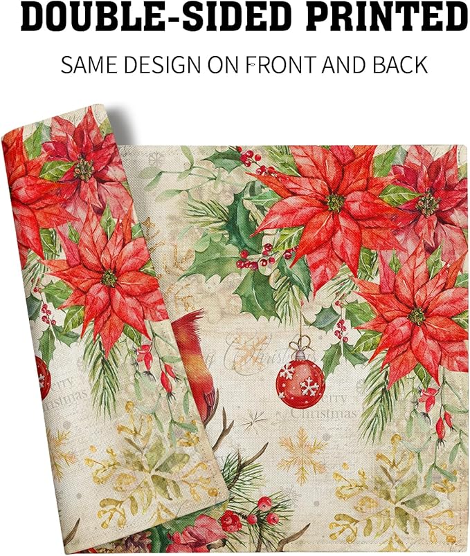 Winter Red Birds Placemats Set of 4 Xmas Holly Berry Pine Cones Place Mat for Kitchen Dining Decor 12 x 18 Inch Watercolor Poinsettias Linen Fabric Table Mats for Home Holiday Seasonal Party