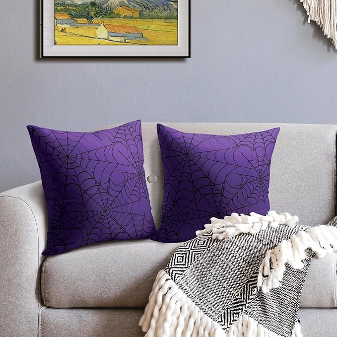 Purple Halloween Spiderweb Pillow Covers 20x20 Set of 2 Black Web Outdoor Decorative Throw Pillows Halloween Scary Themed Farmhouse Pillowcases Linen Cushion Case Decor for Home Sofa Couch Bed