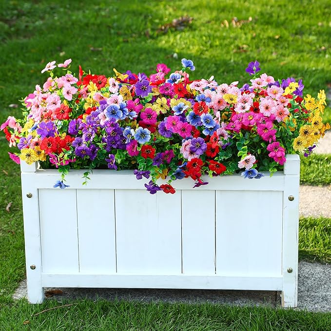 48 Bundles Artificial Flowers for Outdoors Decoration, UV Resistant Silk Violet with Leaf Grass and Eucalyptus Spring Fake Plants for Outside Indoor Yard Home Patio Porch Decor, Mix 6 Colors