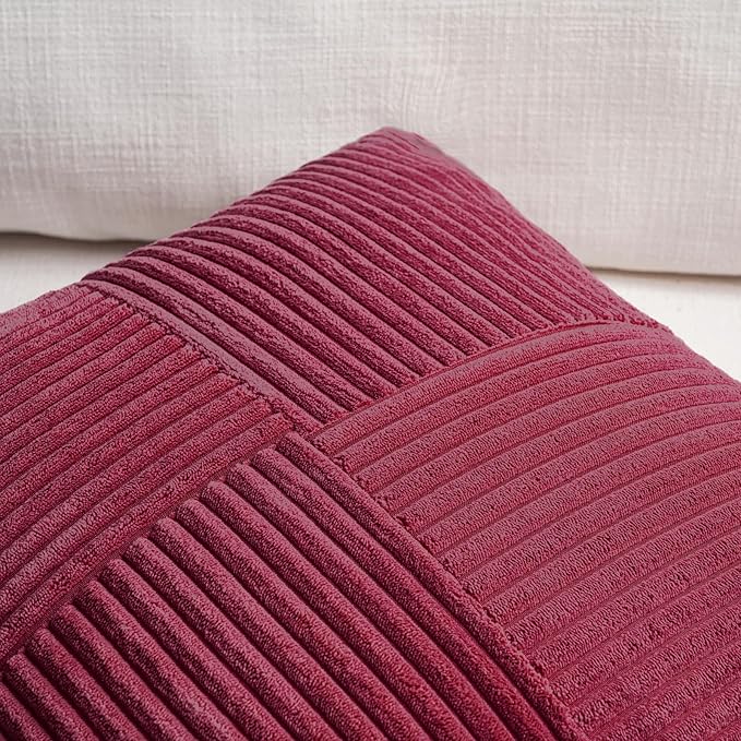 Fancy Homi Set of 2 Burgundy Boho Long Lumbar Body Decorative Throw Pillow Cover 14x36 Inch for Bed Couch Bedroom Bench, Soft Patchwork Corduroy Textured Pillow Case, Rustic Farmhouse Room Décor