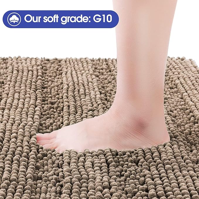 ACCUMTEK Striped Dark Beige Toilet Bathroom Rug Mat 24" x 20" Contour Rug Ultra Soft, Non Slip Chenille Bath Rugs, Absorbent Plush Shaggy Bath Mats for Bathroom, Bedroom, Kitchen, Shower, Tub,Taupe