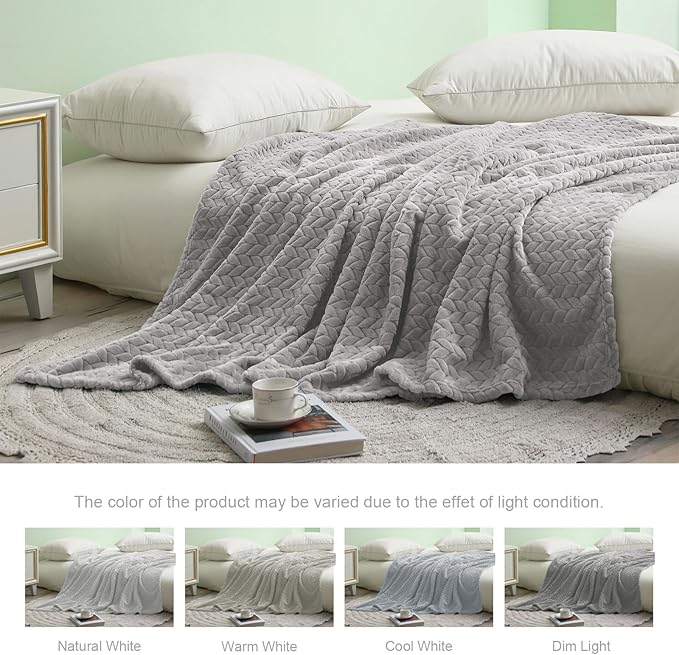 Exclusivo Mezcla Light Grey Fleece Twin Size Blanket for Bed, 90x66 Inches Soft Cozy Jacquard Flannel Blankets, Lightweight Fuzzy Plush Warm for All Seasons