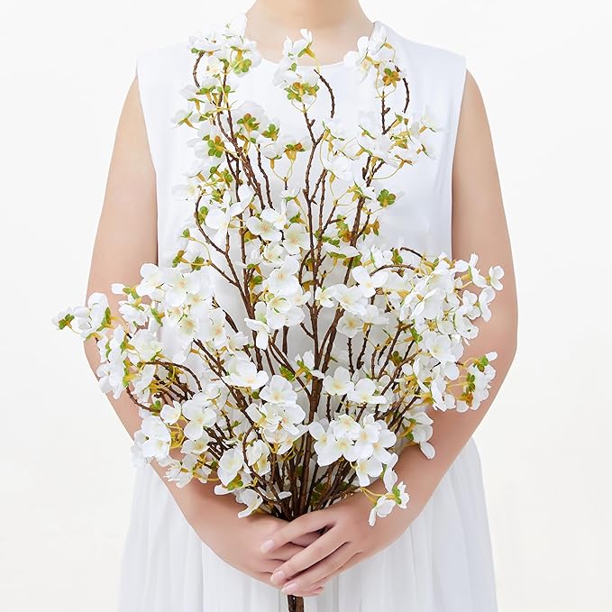 SITUMEIZI Artificial Cherry Blossom Branches Silk 40.58 Inch Faux Cherry Flowers Tall Stems for Home Wedding Bedroom Table Japanese Real Touch Vase Decoration(4Pcs,Ivory White)