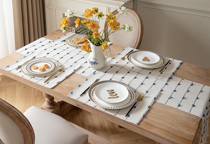 Boho Placemats Set of 6 for Dining Table Decor, Woven Cloth Place Mats for Farmhouse Rustic Kitche Home Decor, Cotton Placemats 13 x 19 Inch, Blue and Beige Table mats