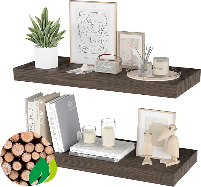 Floating Shelves for Wall - 32 x 9 Inch Natural Wood Shelves for Bathroom, Bedroom, Kitchen Decor, Farmhouse Decor Set of 2, Rustic Brown