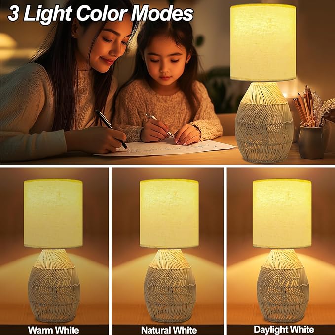 Nightstand Boho Rattan Table Lamp - 3 Color Temperature Handmade Bamboo Woven Lamp for Bedside Living Room (Striped, 1 Pack)