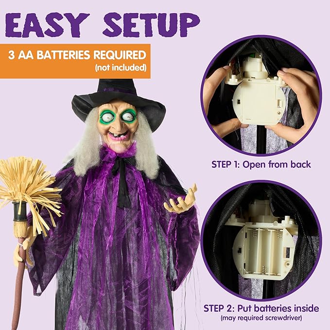 JOYIN 72" Outdoor Halloween Decorations Witch Life Size Animated with LED Eyes and Creepy Sound, Radar Motion Activated Animatronics Clearance for Haunted House Decor Lawn Yard Patio
