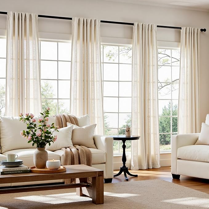 jinchan Ecru Linen Blend Curtains 108 Inches Length for Living Room Farmhouse Rod Pocket Back Tab Light Light Filtering Lightweight Curtains for Bedroom Ivory Drapes 4 Panels
