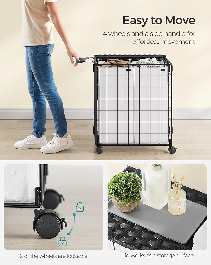 SONGMICS Laundry Hamper, 110L Laundry Basket with Lid, Clothes Hamper with Wheels, Collapsible Removable Liner Bag, Iron-Made Laundry Sorter, Ink Black and Cloud White ULCB211B12