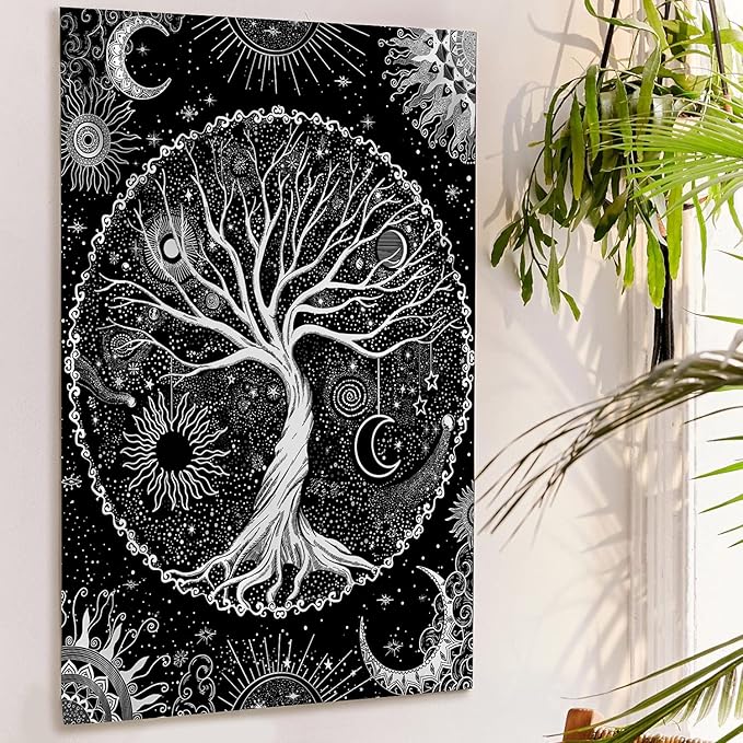 Lunerfex Tree of Life Tapestry Black and White Tapestry Mystical Sun and Moon Tapestries for Bedroom and Living Room Decor Black Tree 44×60 Inches