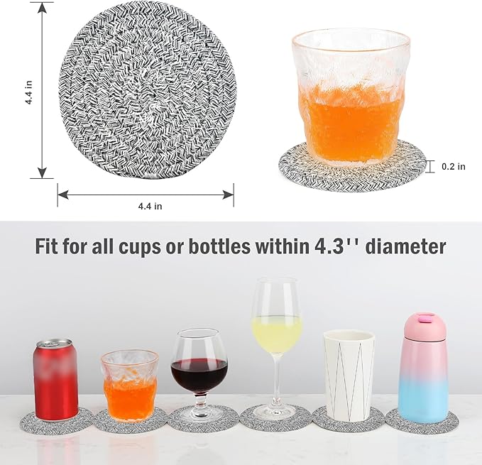 ABenkle 8 Pcs Drink Coasters with Holder, Cotton Woven Absorbent Coasters for Drinks, Minimalist Home Decor Coaster Set for Wooden Tabletop Protection Table, 4.3 inches Mied Gray