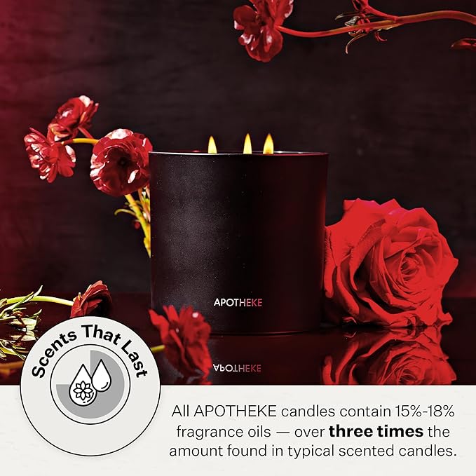 Apotheke 3-Wick Scented Candles for Home, Charcoal Rouge - 26 oz Long-Lasting Soy Wax Jar Candle - 120-140 Hours Burn Time - Notes of Cedarwood & Sandalwood, Smoky Embers, Maple, & Hint of Raspberry