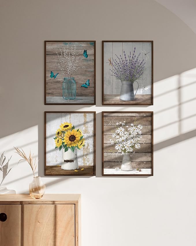 HAUS AND HUES Flower Wall Decor - Set of 4 Floral Wall Art, Floral Wall Decor, Flower Wall Art, Framed Flower Painting, Floral Pictures Wall Decor, Flower Pictures Wall Decor (Framed Walnut 8x10)