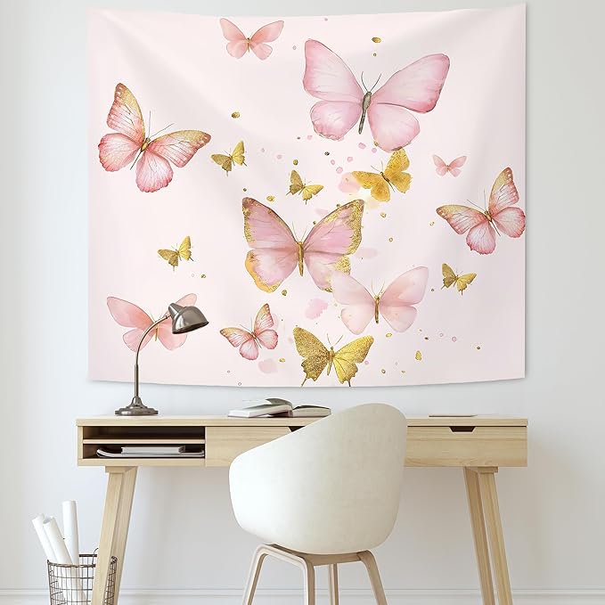 KAIOUS Pink and Gold Butterfly Tapestry, Pink Butterfly Wall Hanging Tapestries for Bedroom Living Room Dorm Girls Room Home Decor 50x58 Inches