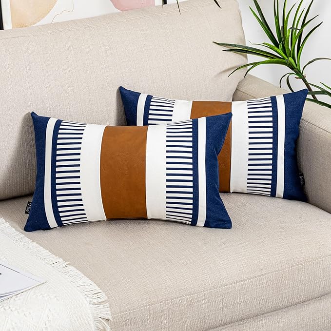 Set of 2 Navy Blue and White Stripe Throw Lumbar Pillow Covers 12x20 inch,Faux Leather Modern Accent Boho Cushion Cover for Couch Living Room Bedroom