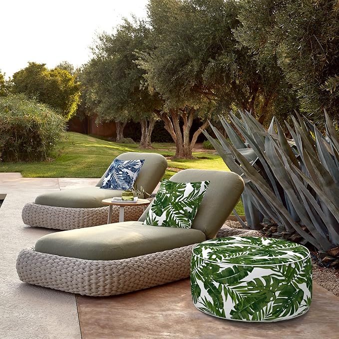 LVTXIII Indoor/Outdoor Inflatable Ottoman, D31 x H14 Inch Large Round Ottoman, All Weather Foot Rest Stool, Portable Footrest for Patio, Garden, Camping and Home - Palm Green