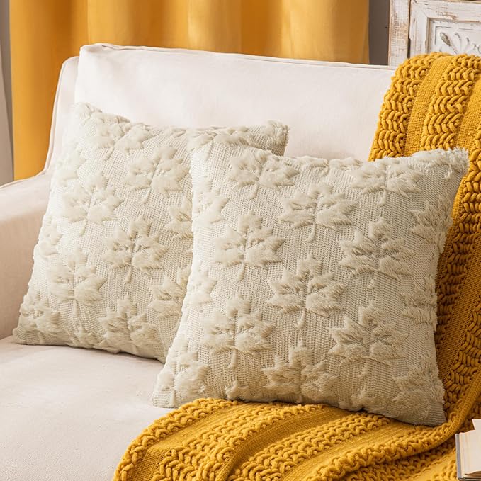 Maple Leaf Fall Throw Pillow Covers 18"x18" Set of 2, Beige Farmhouse Decorative Pillow Covers for Autumn Harvest Holiday Accent Pillow Cases, Faux Fur Pillow Covers for Couch Bed Room