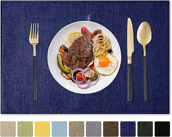 Romanstile Cloth Placemats Set of 8-12 x 18 Inch, Heat Resistant Double Layered Thickened Burlap Place Mats, Washable Faux Linen Farmhouse Table Mats for Kitchen/Dining/Party/Outdoor, Navy Blue