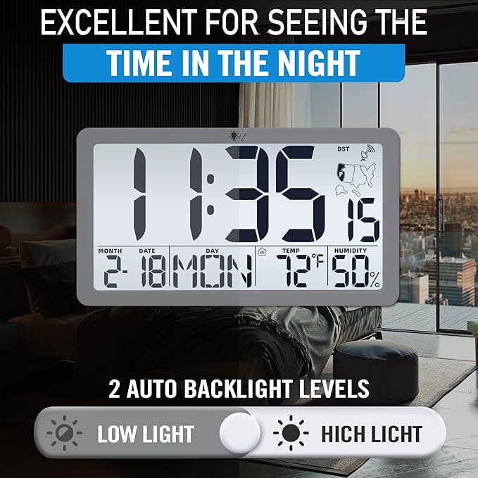 TXL Atomic Wall Clock with Backlight, Battery Operated Digital Wall Clock with Temperature, Humidity and Date, Large Display, Auto DST, 6 Time Zone(White)