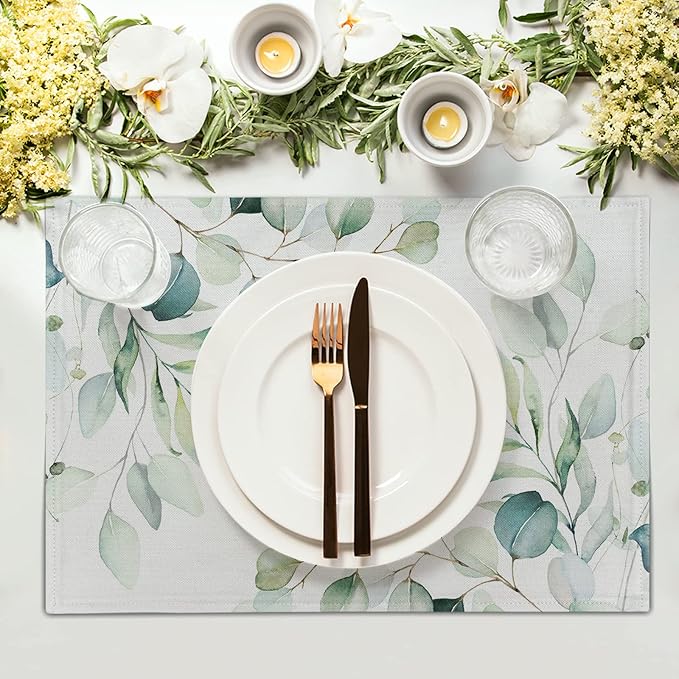 Sage Green Placemats Set of 4 Washable Non-Slip Heat Resistant 12×18 Inch Spring Watercolor Eucalyptus Leaves Thick Place Mats Decorative Linen Fabric Table Mat for Dining Table Kitchen Home Decor