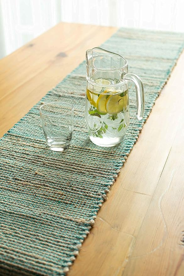Chardin home Natural Jute Table Runner 13x90 Inch – Vintage Boho Rustic Table Decor – Handwoven Jute Table Runner in Natural and Aqua – Farmhouse Dining or Console Table Accent