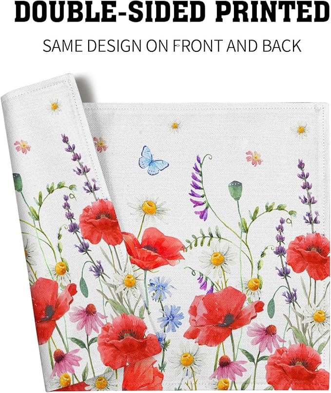 Red Poppy Floral Spring Place Mats Set of 4,Summer Flowers Leaves Place Mats Seasonal Table Mats for Party Kitchen Dining Decoration 12x18 Inch