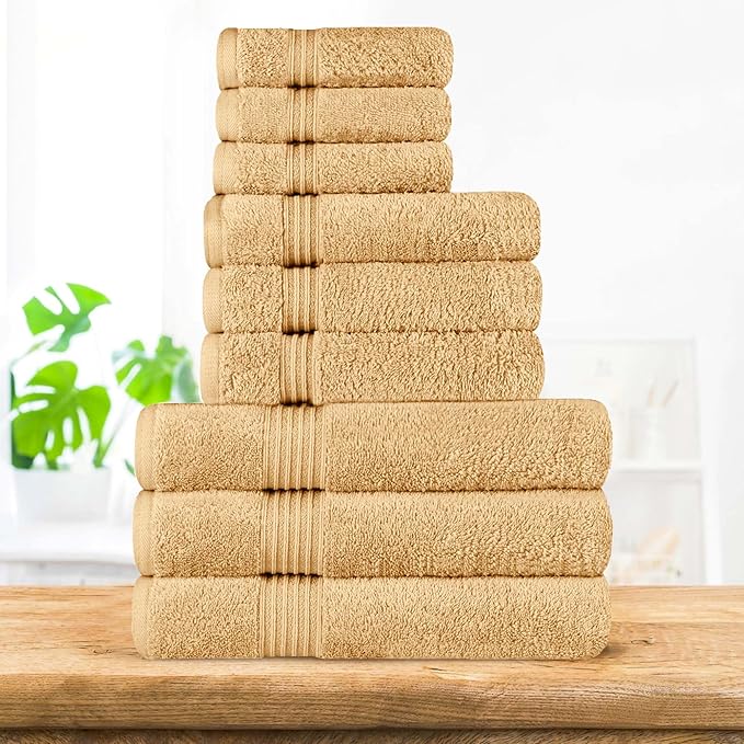 Superior Egyptian Cotton 9-Piece Towel Set, Assorted Towels for Home Bathroom, Guest Bath Decor Essentials, Includes 3 Bath, 3 Hand, 3 Face Towels/Washcloths, Quick Dry, Absorbent - Gold