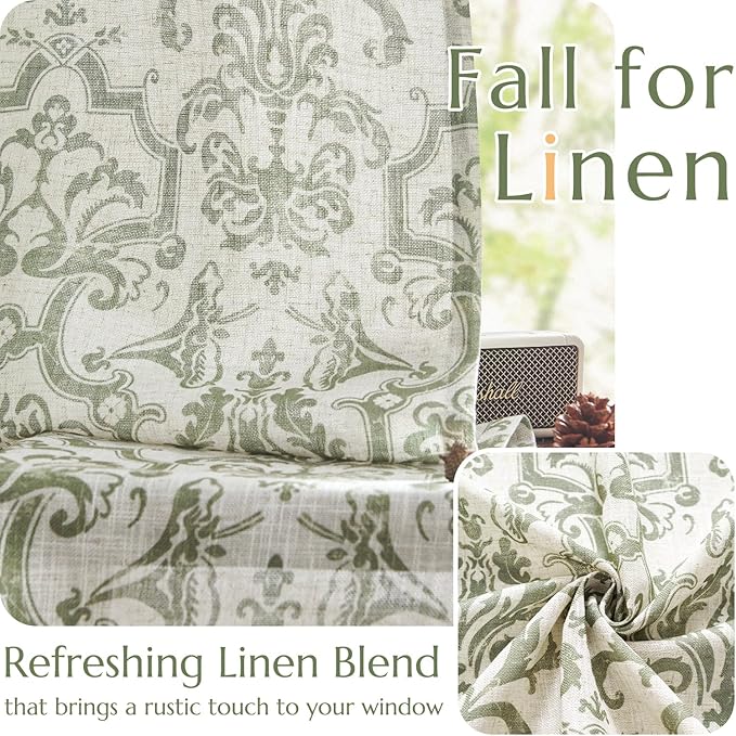 jinchan Curtains for Bedroom, Light Filtering 96 Inch Length 2 Panels Set, Baroque Style Linen Blend Drapes Living Room, Vintage Damask Window Treatments, Grommet Top Sage Green on Flax, W52 X L96