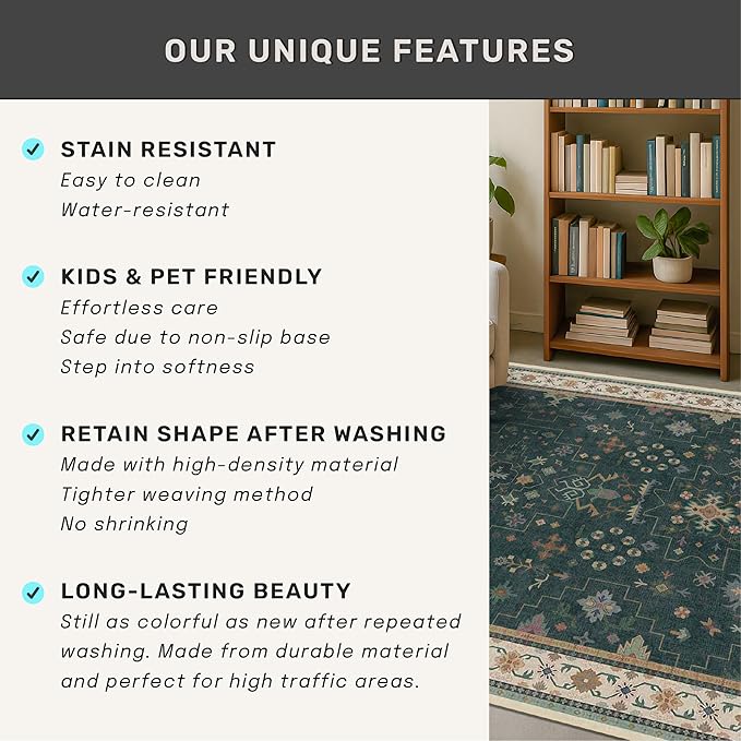 Dark Green 4x6 Living Room Rug - Modern Vintage Boho Floral Forest, Washable Low Pile Non-Slip Area Rugs for Door Mat Entrance, Mudroom, Kitchen, Bedroom Beside Bed, Office