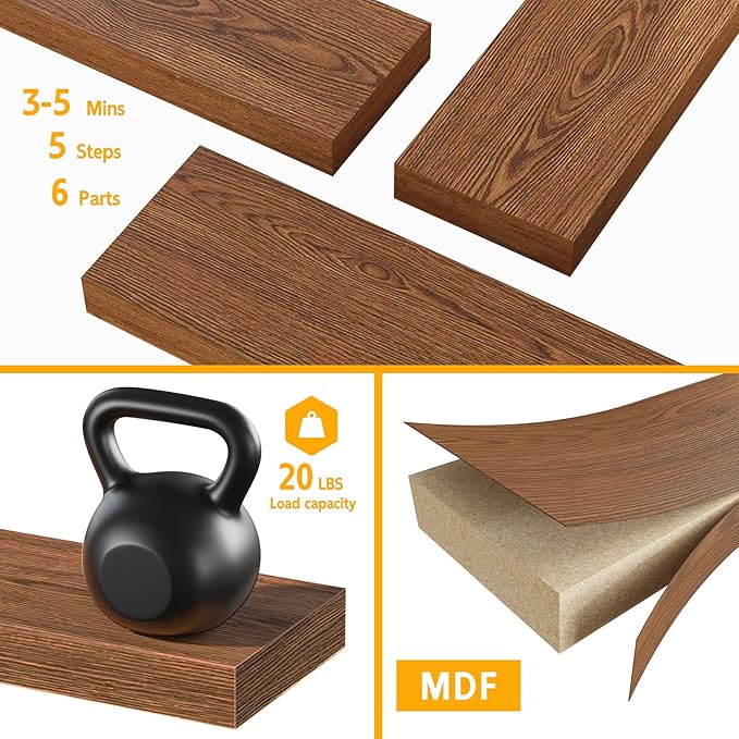 BAMEOS Floating Shelves, 16x6 American Oak Wall Mounted Wooden Shelves with Invisible Brackets Set of 3, Hanging Wall Shelves Decoration for Bedroom, Bathroom, Living Room and Kitchen
