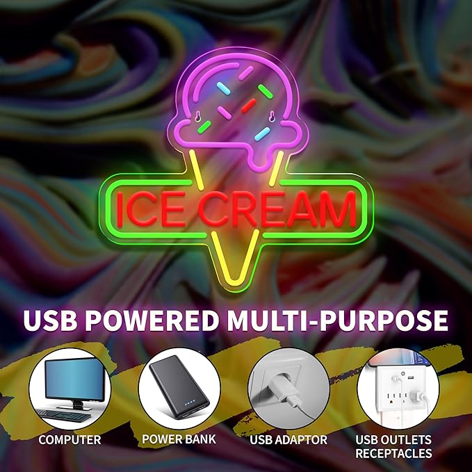 Ice Cream Neon Sign Light up Acrylic LED Lamp with USB Powered Ice Cream Letter Neon Light for Business Store Cafe Drink Shop Office Bedroom Restaurant Decor Adjust Brightness