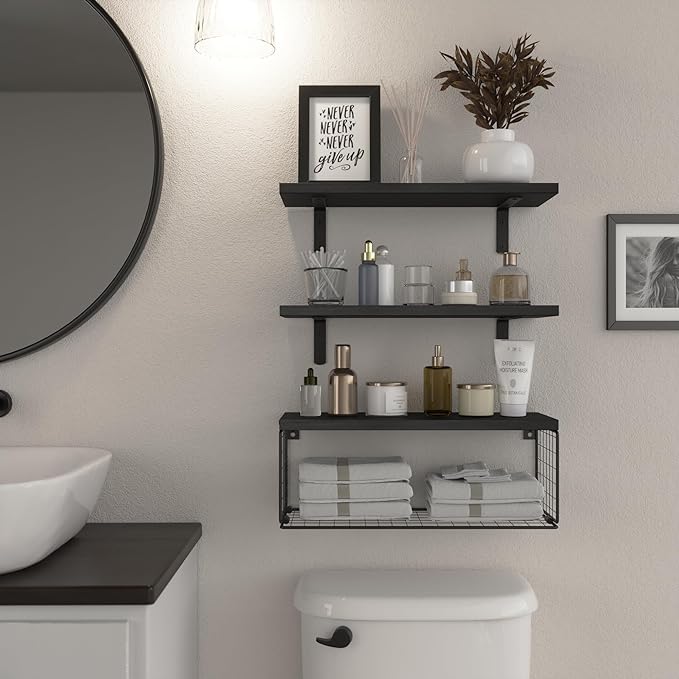 WOPITUES Bathroom Shelf Over Toilet, Floating Bathroom Shelf Wall Mounted with Wire Basket, Floating Shelf for Wall Décor-Black