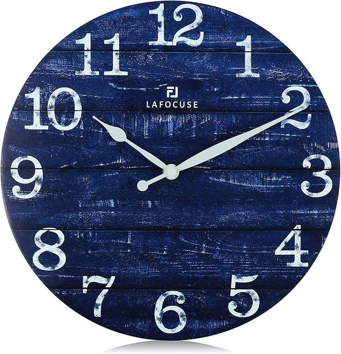 Lafocuse 12 Inch Silent Navy Blue Wall Clocks for Kitchen Living Room Decor, Wooden Rustic Wall Clock Battery Operated, Decorative Farmhouse Clock