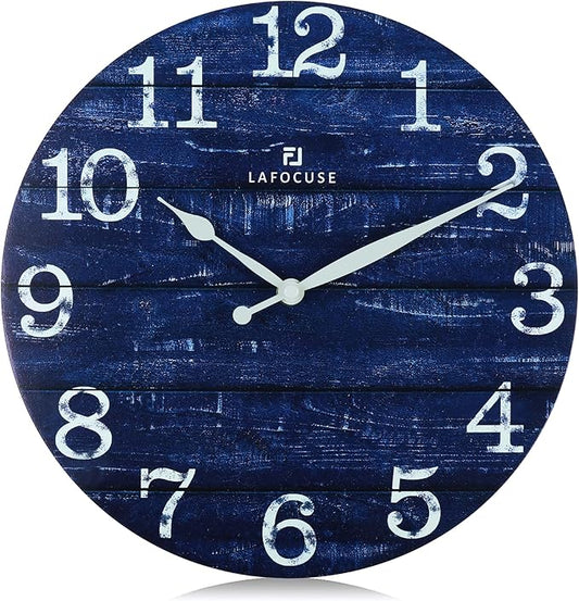 Lafocuse 12 Inch Silent Navy Blue Wall Clocks for Kitchen Living Room Decor, Wooden Rustic Wall Clock Battery Operated, Decorative Farmhouse Clock