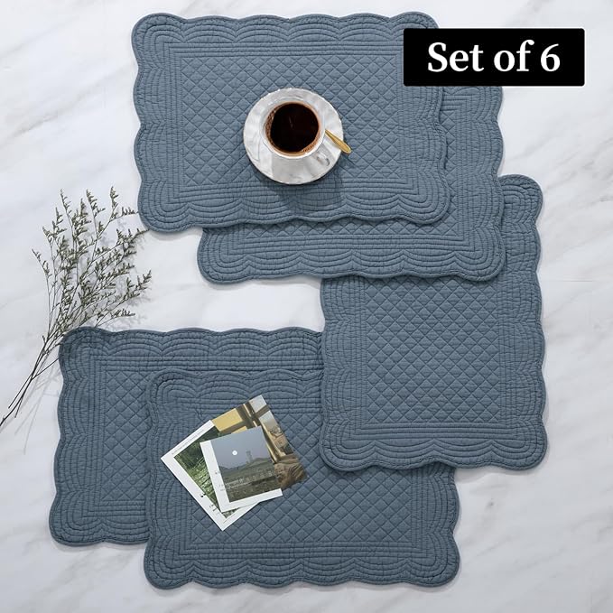 HOMBYS Quilted Placemats Set of 6 Washable-13x18 inches Rectangular Placemats for Kitchen Table-100% Cotton Fabric Rectangular Table Mats, (Blue)