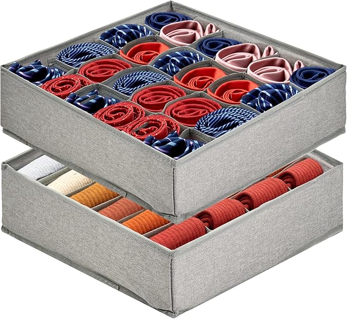 PINGMIC Gray Sock Organizer Divider 2 Pack - 24 Cell Foldable Closet Storage, Tie Organizer For Men Boxes for Socks, Ties, Belts