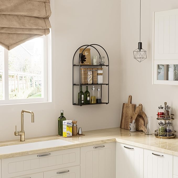Crofy Black Arched Frame Wall Shelf, Decorative 3 Tier Bathroom Wall Shelf with Walnut Finish Shelves and Robust Storage Capacity, 6" D x 17.9" W x 28.57" H