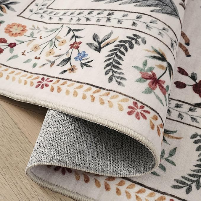Door Mat Indoor Entrance 2x3 Rug Machine Washable Boho Floral Animal Small Area Rug Non-Slip Low Pile Throw Rugs for Entryway, Kitchen, Front Door Indoor Entrance, Entry, Kids Room (Beige)
