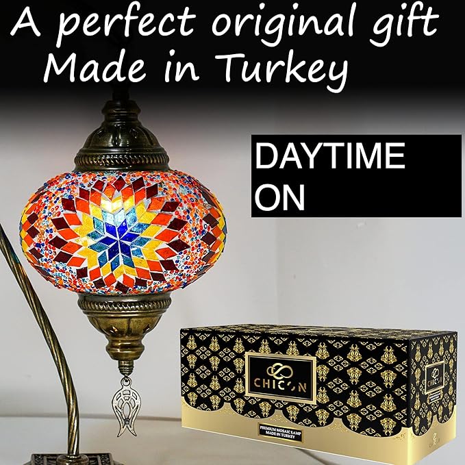 CHICON Handmade Mosaic Tiffany Boho Lamp | Genuine Glass Mosaic | A Piece of Art in Unique Moroccan Bohemian Small Table Lamp - SWAN Fire Orange