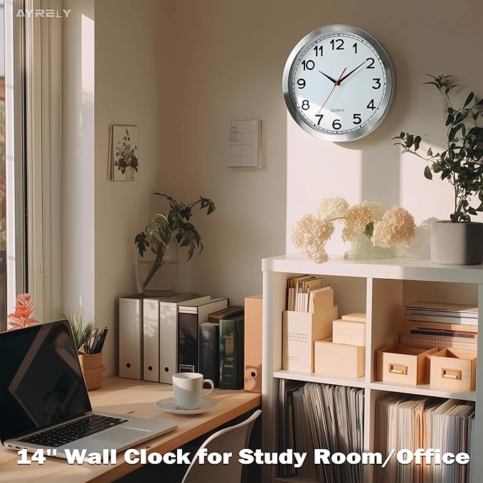 AYRELY® Wall Clock – 14 Inch Metal Decorative Modern Analog Clock, Silent Non-Ticking Battery Operated Large Classic Wall Clocks for Kitchen, Living Room, Bedroom, Office, Classroom(Classic-14in)