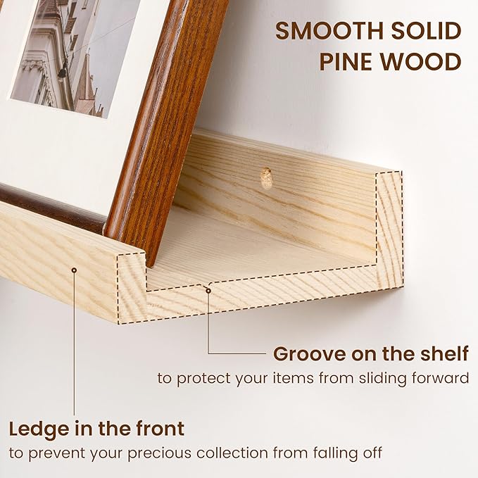 Picture Ledge Shelf, Solid Pine Wood Rustic Floating Shelves for Wall, 16 Inch Floating Shelves with Lip for Bedroom Kitchen Living Room Nursery Display Wall Decor, Set of 2 (Natural)