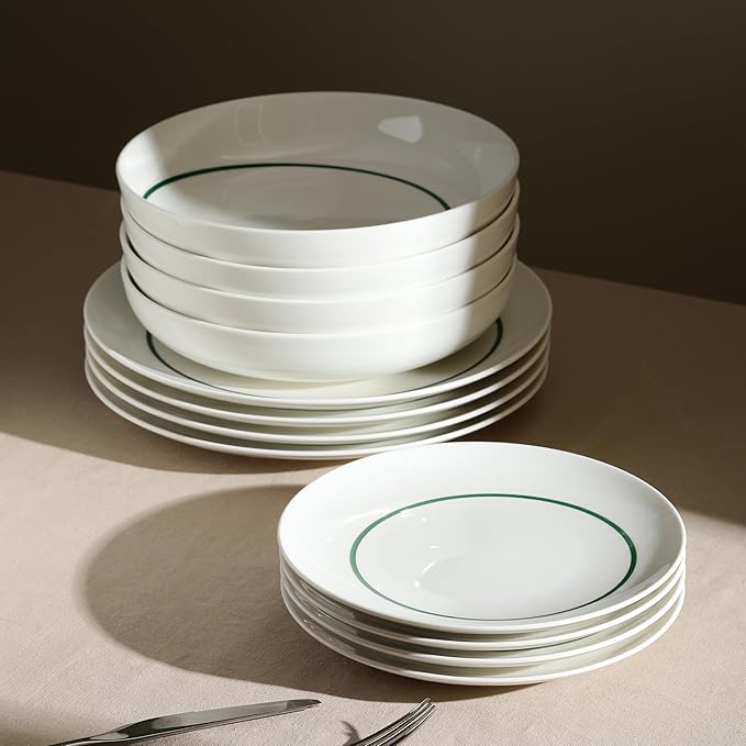Stone Lain Luna 24-Piece Porcelain Dinnerware Set, Plates and Bowls Set, Dish Set for 8, Green