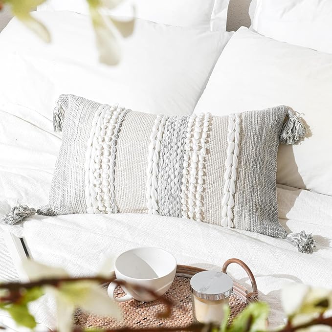 Gray Decorative Lumbar Pillow Cover 14x24, Boho Accent Throw Pillow Case for Couch Sofa Bed, Modern Farmhouse Textured Lumbar Cushion Bedroom Living Room, Cover ONLY