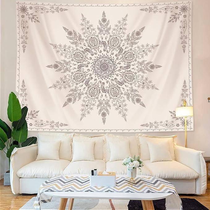 Lunerfex Boho Floral Tapestry Mandala Wall Tapestry, Cute Tapestries for Bedroom Beige Flower Tapestries Wall Hanging for Bedroom Living Room Wall Decor Beige-2 60"x80"