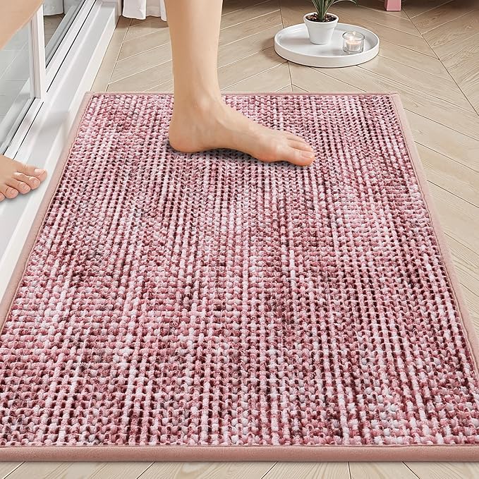LUMI Chenille Bathroom Rugs, 16"x24" Extra Soft Non Slip Absorbent Bath Rugs, Washable Bath Mats for Bathroom Floor Tub and Shower, Red