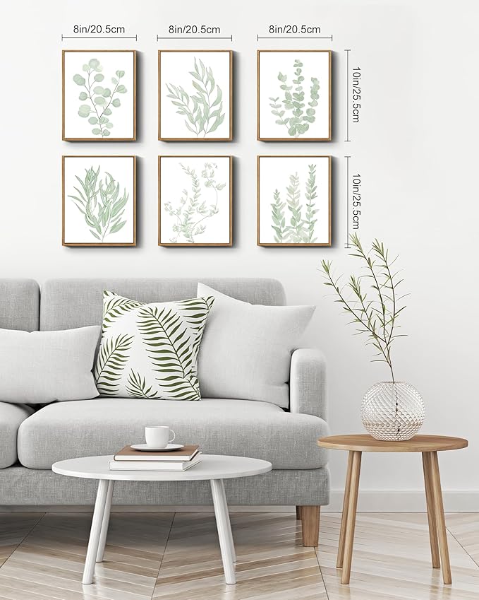 Drsoum Framed Botanical Plant Canvas Wood Wall Art Light Green Sage Wall Decor Eucalyptus Leaf Picture for Bedroom Living Room Bathroom Office 8βx 10β x 6pcs