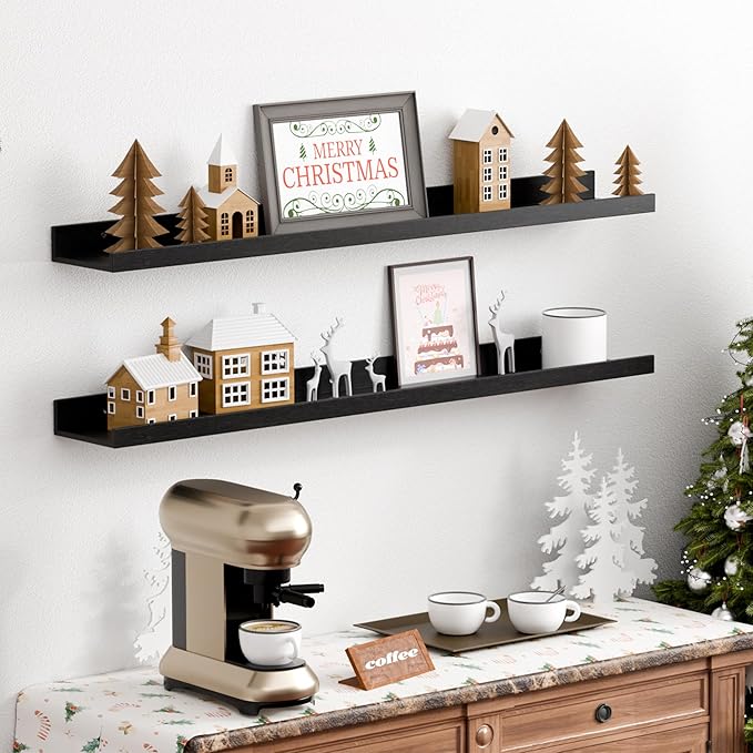 upsimples Floating Shelves for Wall, Wall Shelves for Decor Storage Set of 6, Wall Mounted Wood Shelves for Bedroom, Living Room, Bathroom, Kitchen, 35.5 inch Long Picture Ledge Shelves, Black