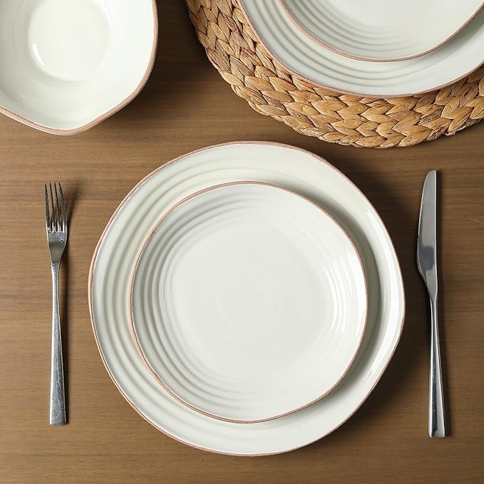 Stone Lain Nami 24-Piece Dinnerware - Stoneware, Plates and Bowls Set, Microwave and Dishwasher Safe, Dish for 8, White